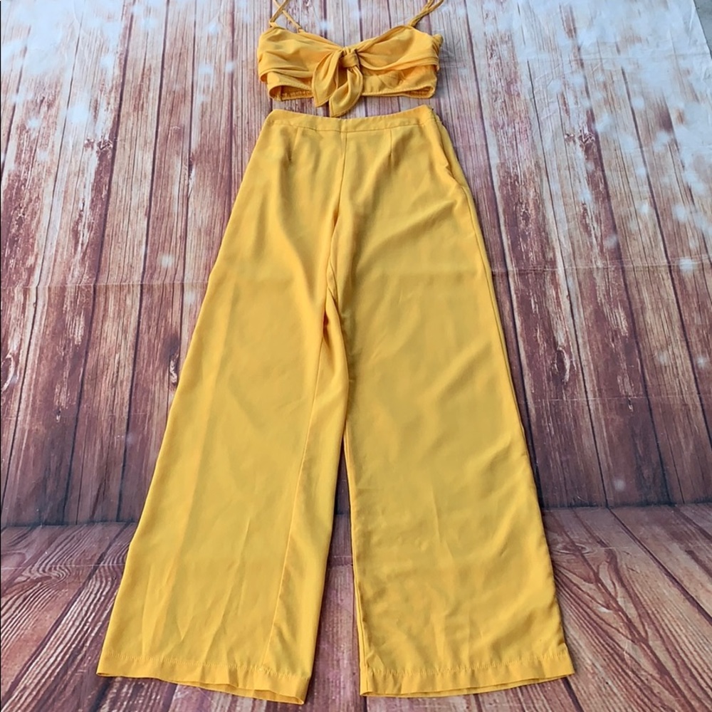 LUXXEL Yellow 2 Piece Halter Top High Waist Pants - Picture 6 of 16